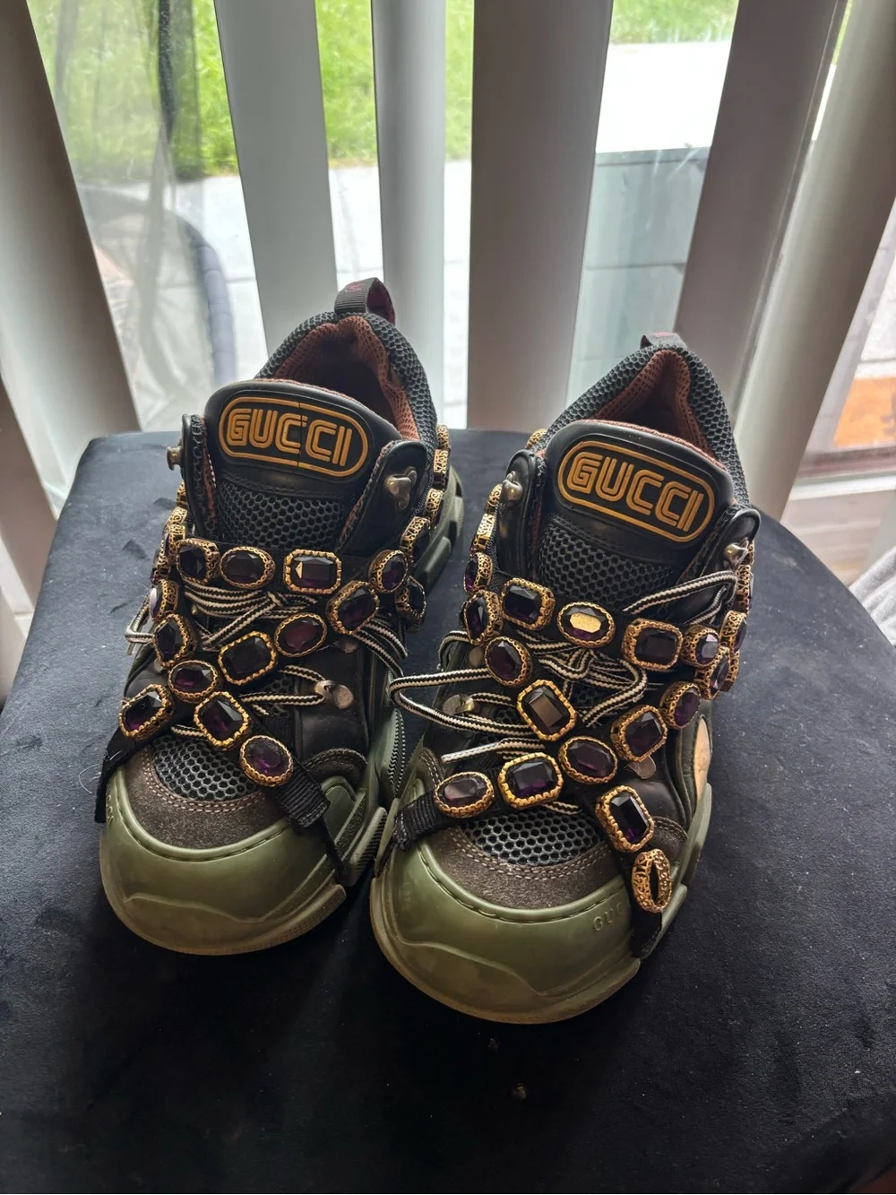GUCCI men Green and Purple Embellished with crystal Sneaker